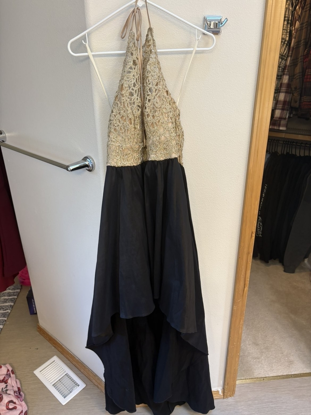 B Darlin Gold Lace Halter with Black High-Low Skirt Dress